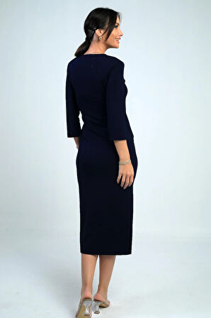 Kadın Kruvaze Yaka Toka Detaylı Yırtmaçlı Midi Elbise