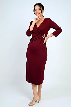 Kadın Kruvaze Yaka Toka Detaylı Yırtmaçlı Midi Elbise