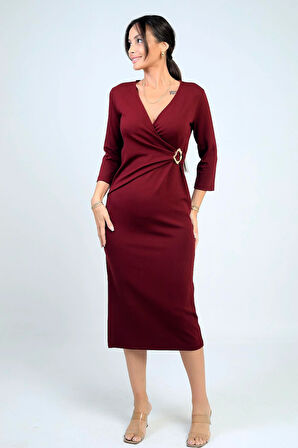 Kadın Kruvaze Yaka Toka Detaylı Yırtmaçlı Midi Elbise