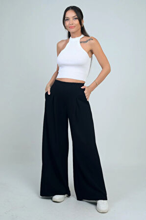 Kadın Beli Lastikli Cepli Önü Pileli Bol Paça Osyho Pantolon