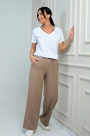 Kadın Beli Lastikli Bağcıklı Yandan Cepli Palazzo Pantolon