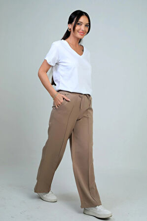Kadın Beli Lastikli Bağcıklı Yandan Cepli Palazzo Pantolon