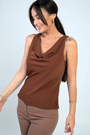 Kadın Degaje Yaka Kolsuz Krep Saten Bluz