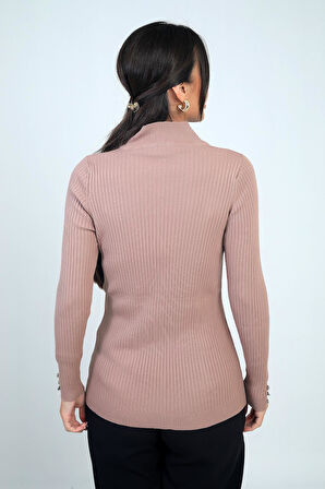 Kadın Balıkçı Yaka Basic Fitilli Kolları Düğme Detaylı Kazak