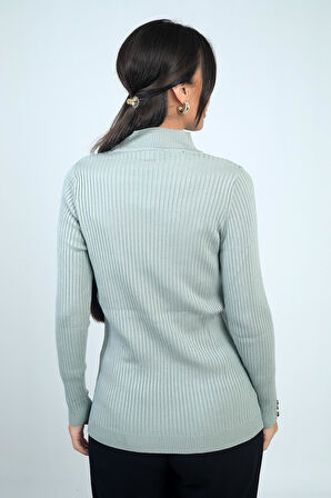 Kadın Balıkçı Yaka Basic Fitilli Kolları Düğme Detaylı Kazak