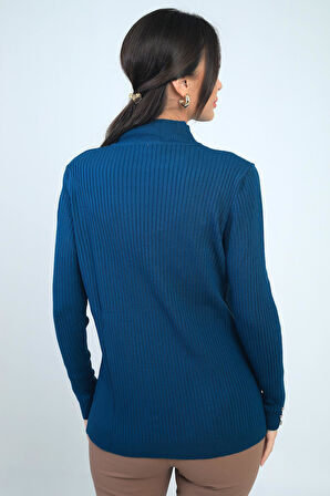 Kadın Balıkçı Yaka Basic Fitilli Kolları Düğme Detaylı Kazak