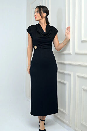 Kadın Degaje Yakalı Toka Detaylı Likralı Uzun Elbise