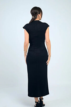 Kadın Degaje Yakalı Toka Detaylı Likralı Uzun Elbise