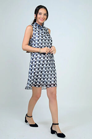 Kadın Degaje Yaka Astarlı Desenli Kısa Şifon Elbise