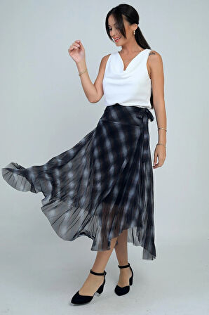 Kadın Yanları Kısa Astarlı Ekose Uzun Tül Etek