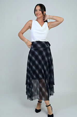 Kadın Yanları Kısa Astarlı Ekose Uzun Tül Etek