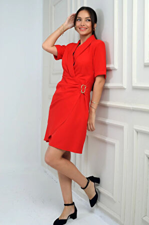 Kadın Şal Yaka Toka Detaylı Vatkalı Kısa Krep Elbise