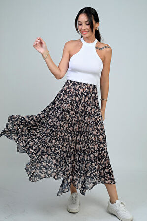 Kadın Beli Lastikli Astarlı Mini Çiçekli Midi Kraşlı Üçgen  Etek