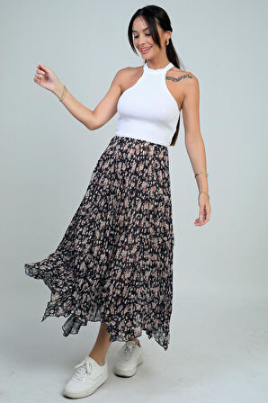 Kadın Beli Lastikli Astarlı Mini Çiçekli Midi Kraşlı Üçgen  Etek