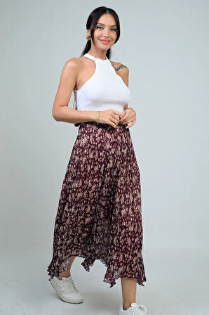 Kadın Beli Lastikli Astarlı Mini Çiçekli Midi Kraşlı Üçgen  Etek