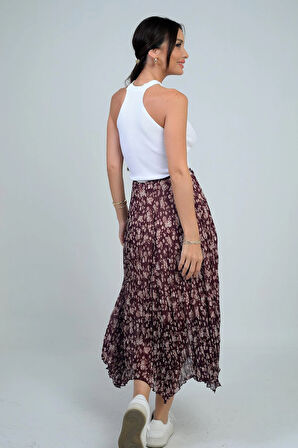 Kadın Beli Lastikli Astarlı Mini Çiçekli Midi Kraşlı Üçgen  Etek