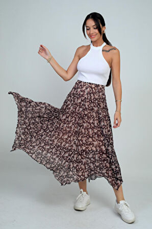 Kadın Beli Lastikli Astarlı Mini Çiçekli Midi Kraşlı Üçgen  Etek