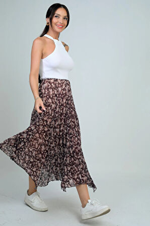 Kadın Beli Lastikli Astarlı Mini Çiçekli Midi Kraşlı Üçgen  Etek