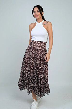 Kadın Beli Lastikli Astarlı Mini Çiçekli Midi Kraşlı Üçgen  Etek