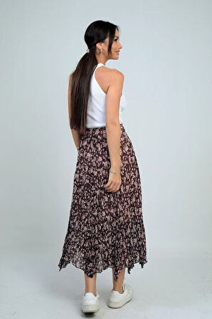 Kadın Beli Lastikli Astarlı Mini Çiçekli Midi Kraşlı Üçgen  Etek