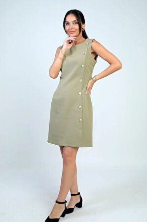 Kadın Kendinden Telalı Yan Düğmeli Kısa Elbise
