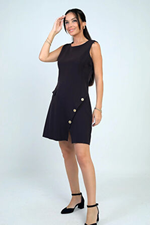 Kadın Yuvarlak Yaka Kolsuz Önü Düğme Detaylı Elbise