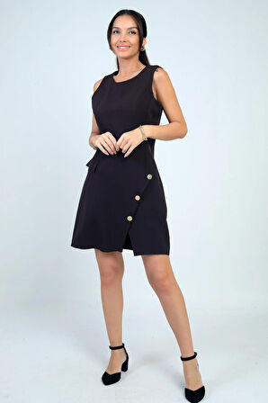 Kadın Yuvarlak Yaka Kolsuz Önü Düğme Detaylı Elbise