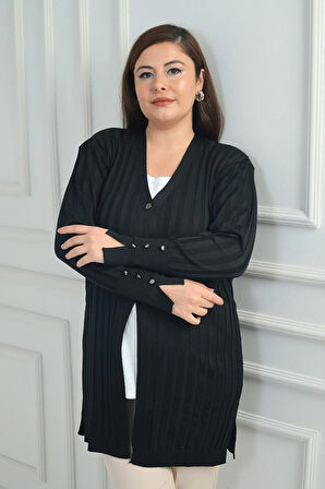 Kadın Kol Düğme Detaylı Kalın Fitilli Likralı Büyük Beden Uzun Hırka