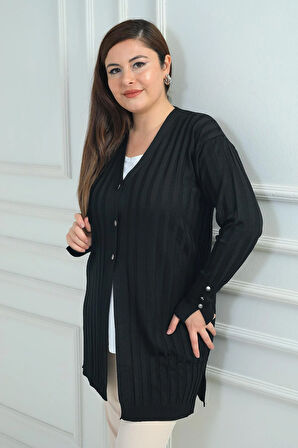 Kadın Kol Düğme Detaylı Kalın Fitilli Likralı Büyük Beden Uzun Hırka