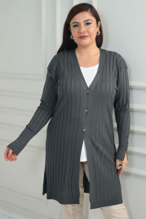 Kadın Kol Düğme Detaylı Kalın Fitilli Likralı Büyük Beden Uzun Hırka