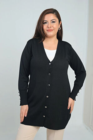 Kadın Kolları Düğme Detaylı Soğuk İplik Büyük Beden Uzun Hırka