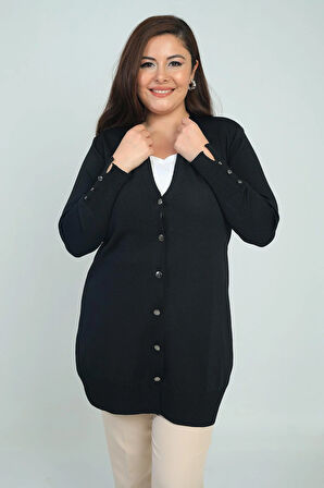 Kadın Kolları Düğme Detaylı Soğuk İplik Büyük Beden Uzun Hırka