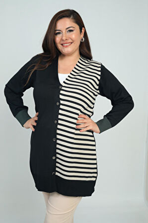 KadınTek Tarafı Enine Çizgili Büyük Beden Uzun Hırka