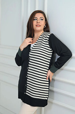 KadınTek Tarafı Enine Çizgili Büyük Beden Uzun Hırka