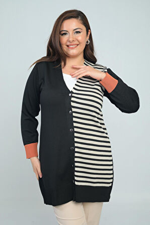 KadınTek Tarafı Enine Çizgili Büyük Beden Uzun Hırka