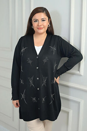 Kadın Kolları Düğme Detaylı Zımbalı Büyük Beden Uzun Hırka