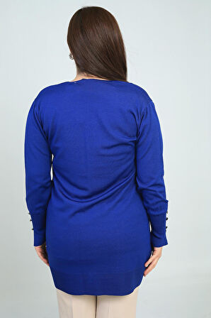 Kadın Kolları Düğme Detaylı Zımbalı Büyük Beden Uzun Hırka