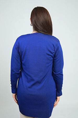 Kadın Kolları Düğme Detaylı Taş Baskı Yazılı Büyük Beden Uzun Hırka