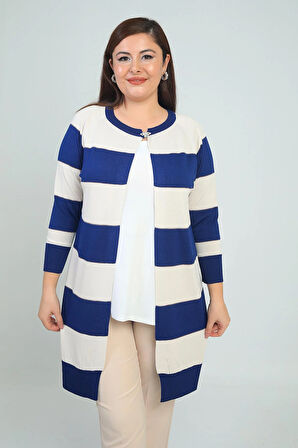 Kadın Enine Kalın Çizgili Büyük Beden Hırka