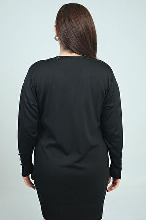 Kadın Kolları Düğme Detaylı Taş Harf Baskılı Soğuk İplik Büyük Beden Hırka