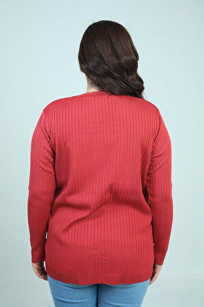 Kadın V Yaka Önü Şeritli Fitilli Soğuk İplik Büyük Beden Triko Bluz