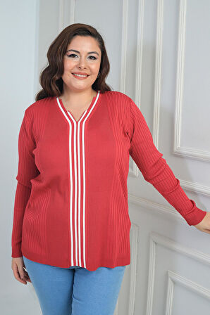 Kadın V Yaka Önü Şeritli Fitilli Soğuk İplik Büyük Beden Triko Bluz