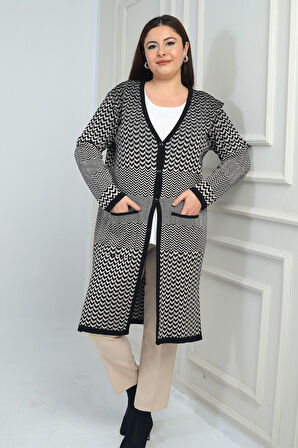 Kadın Balıksırtı Desenli Cepli Büyük Beden Uzun Triko Hırka