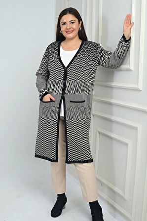 Kadın Balıksırtı Desenli Cepli Büyük Beden Uzun Triko Hırka