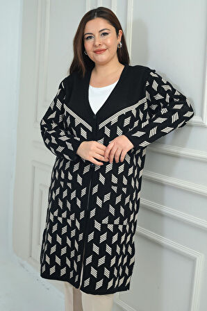 Kadın Cepli Geometrik Desen Büyük Beden Likralı Uzun Triko Hırka