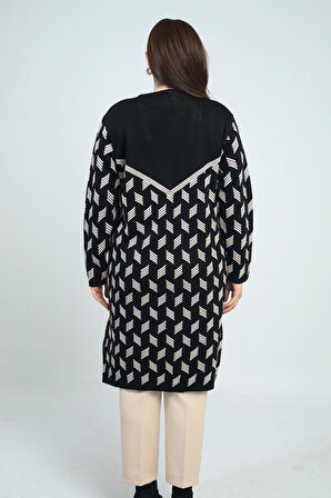 Kadın Cepli Geometrik Desen Büyük Beden Likralı Uzun Triko Hırka