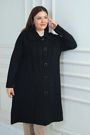 Kadın Cepli Büyük Beden Triko Kaban