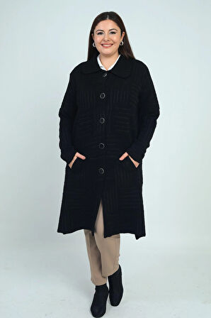 Kadın  Önü Düğmeli Cepli Büyük Beden Lİkralı Triko Kaban