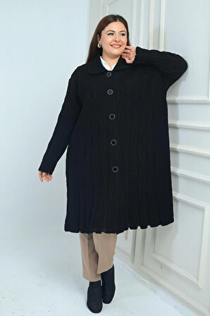 Kadın Desenli Cepli Büyük Beden Triko Kaban