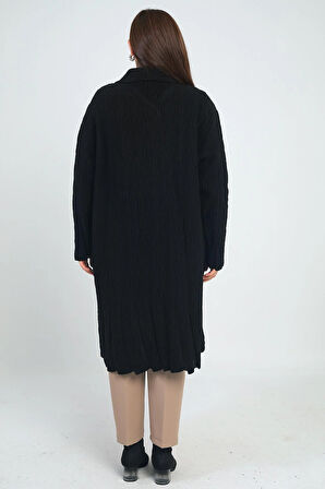 Kadın Desenli Cepli Büyük Beden Triko Kaban